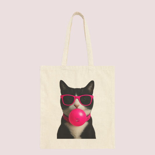 Pop Art Cat Tote Bag – Cotton Canvas Bag with Neon Glasses and Bubblegum