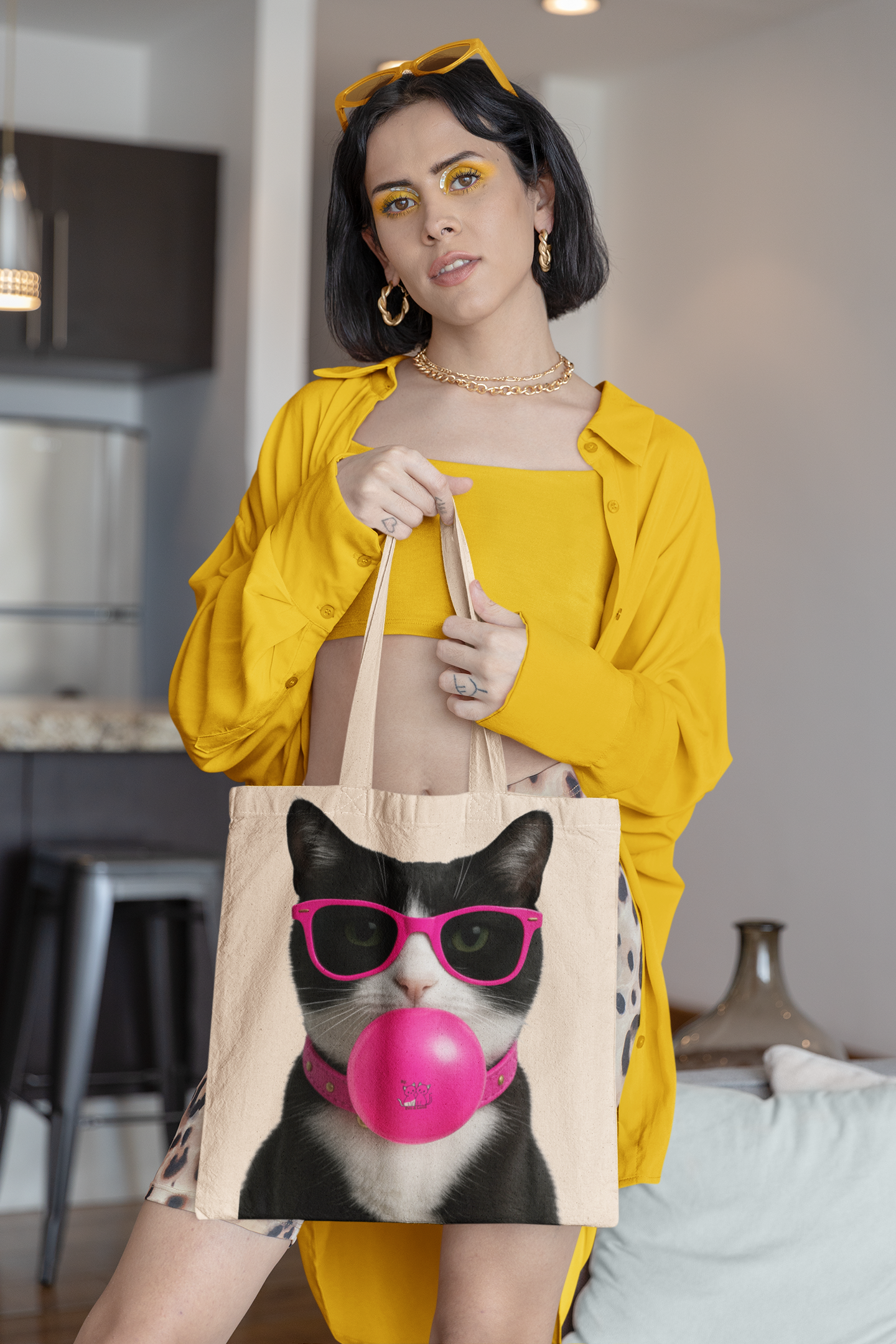 Pop Art Cat Tote Bag – Cotton Canvas Bag with Neon Glasses and Bubblegum