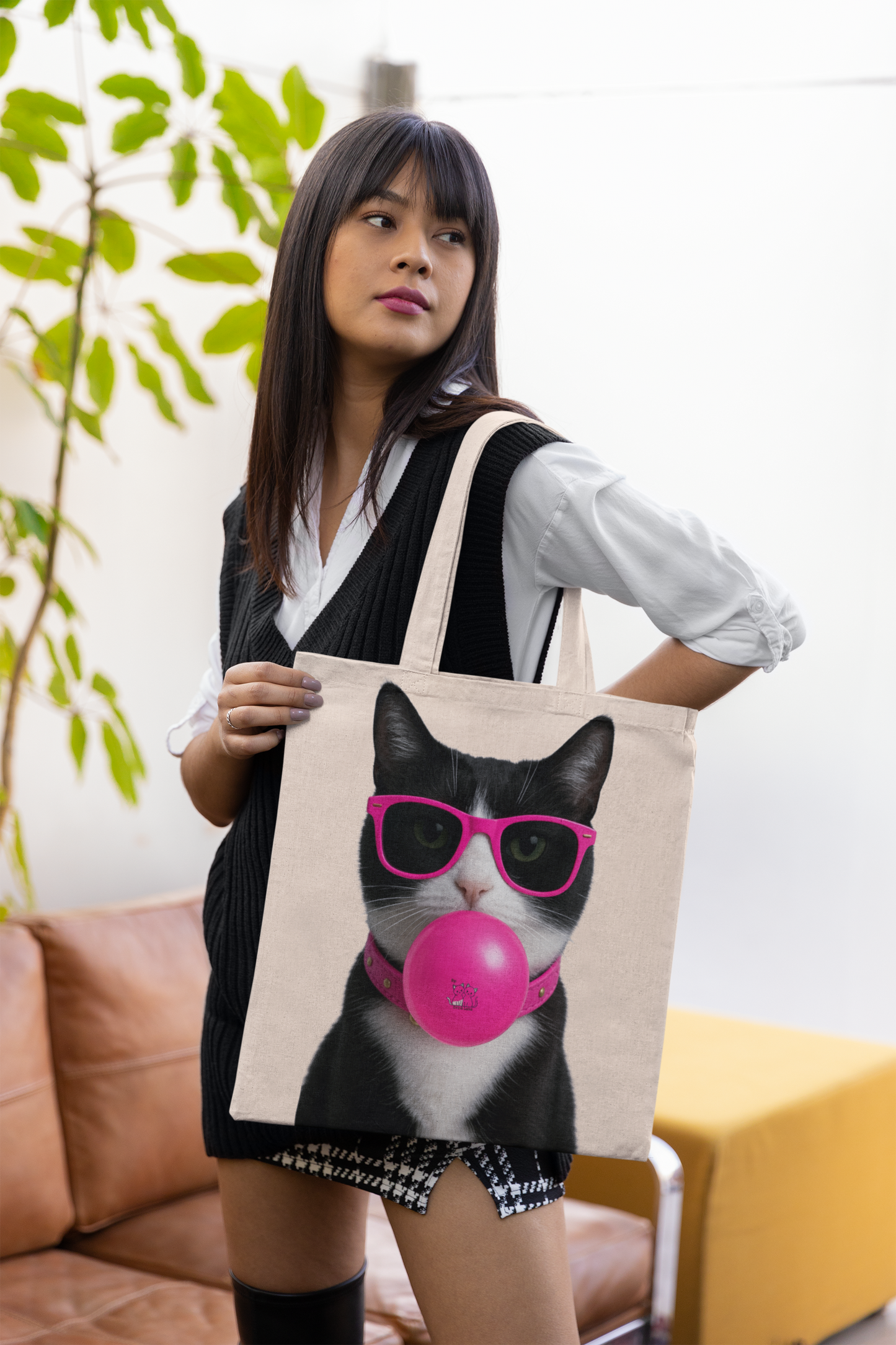 Pop Art Cat Tote Bag – Cotton Canvas Bag with Neon Glasses and Bubblegum