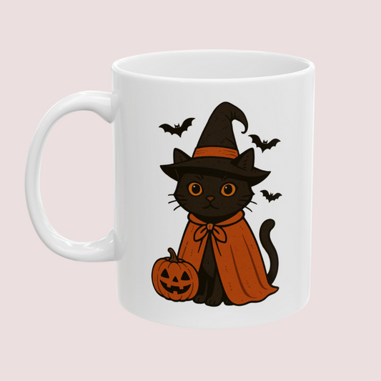 Halloween Witch Cat Mug – Cute Black Cat with Pumpkin (11oz)