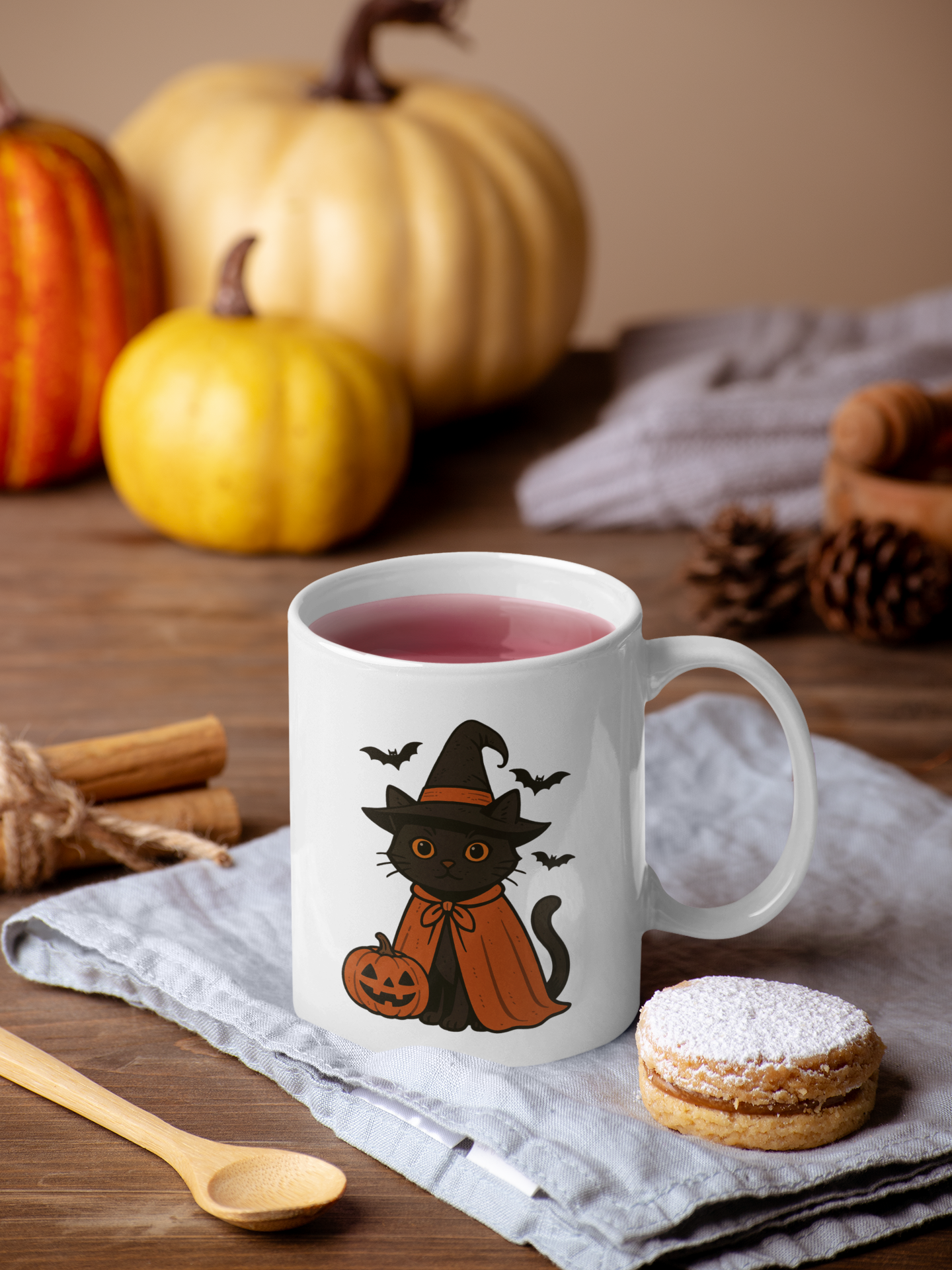 Halloween Witch Cat Mug – Cute Black Cat with Pumpkin (11oz)