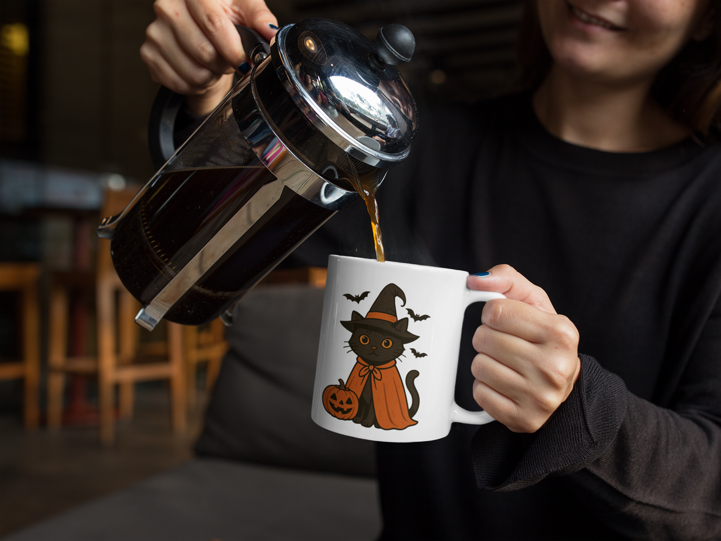 Halloween Witch Cat Mug – Cute Black Cat with Pumpkin (11oz)